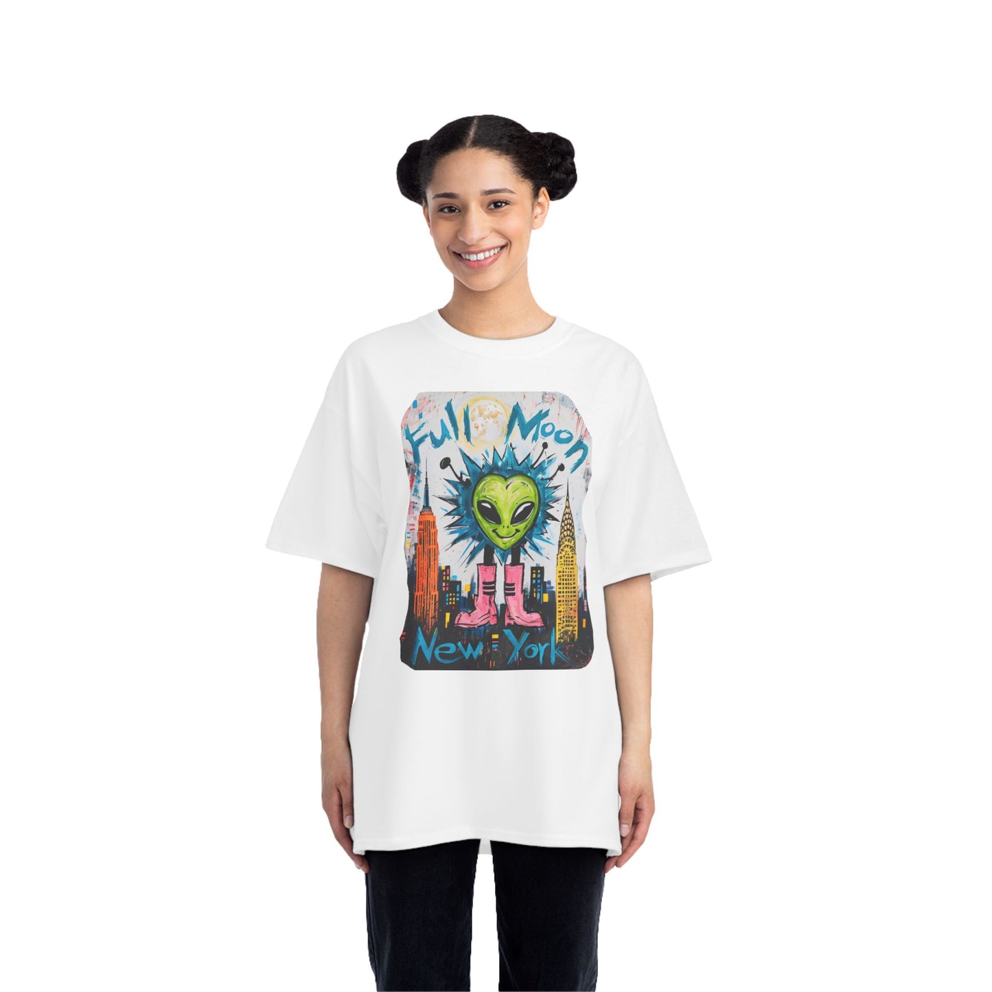 Full Moon Alien Short-Sleeve T-Shirt, Fun Graphic Tee, Retro NYC Vibe, Gift for Space Lovers, Festival Wear, Summer Apparel