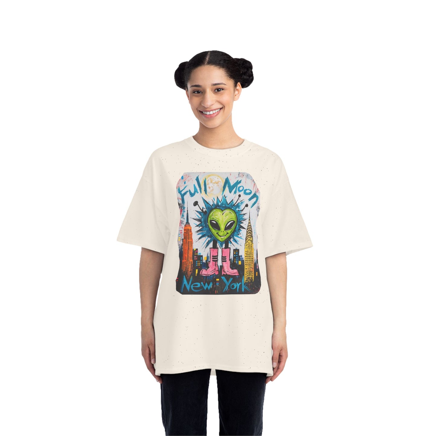 Full Moon Alien Short-Sleeve T-Shirt, Fun Graphic Tee, Retro NYC Vibe, Gift for Space Lovers, Festival Wear, Summer Apparel