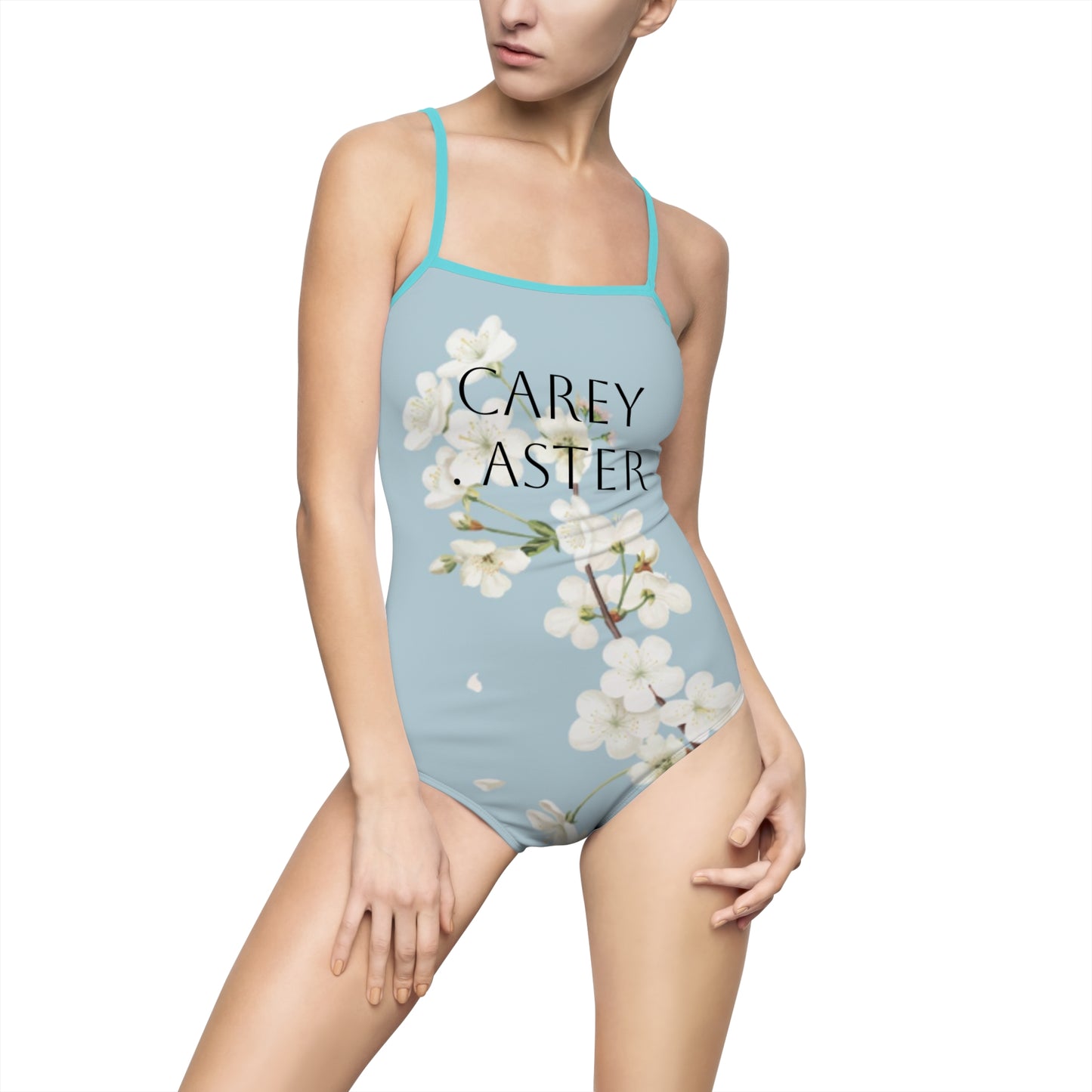 She burns bright, Carey aster pastel blue floral swimsuit