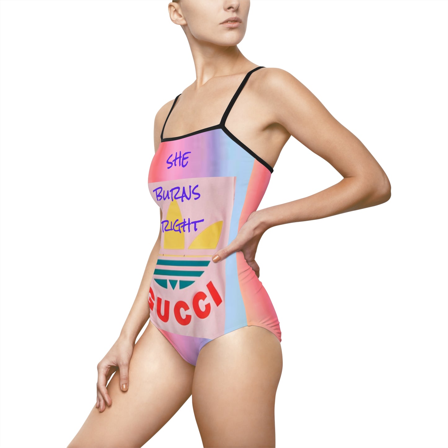She burns bright, rainbow patterned swimsuit by Carey Aster