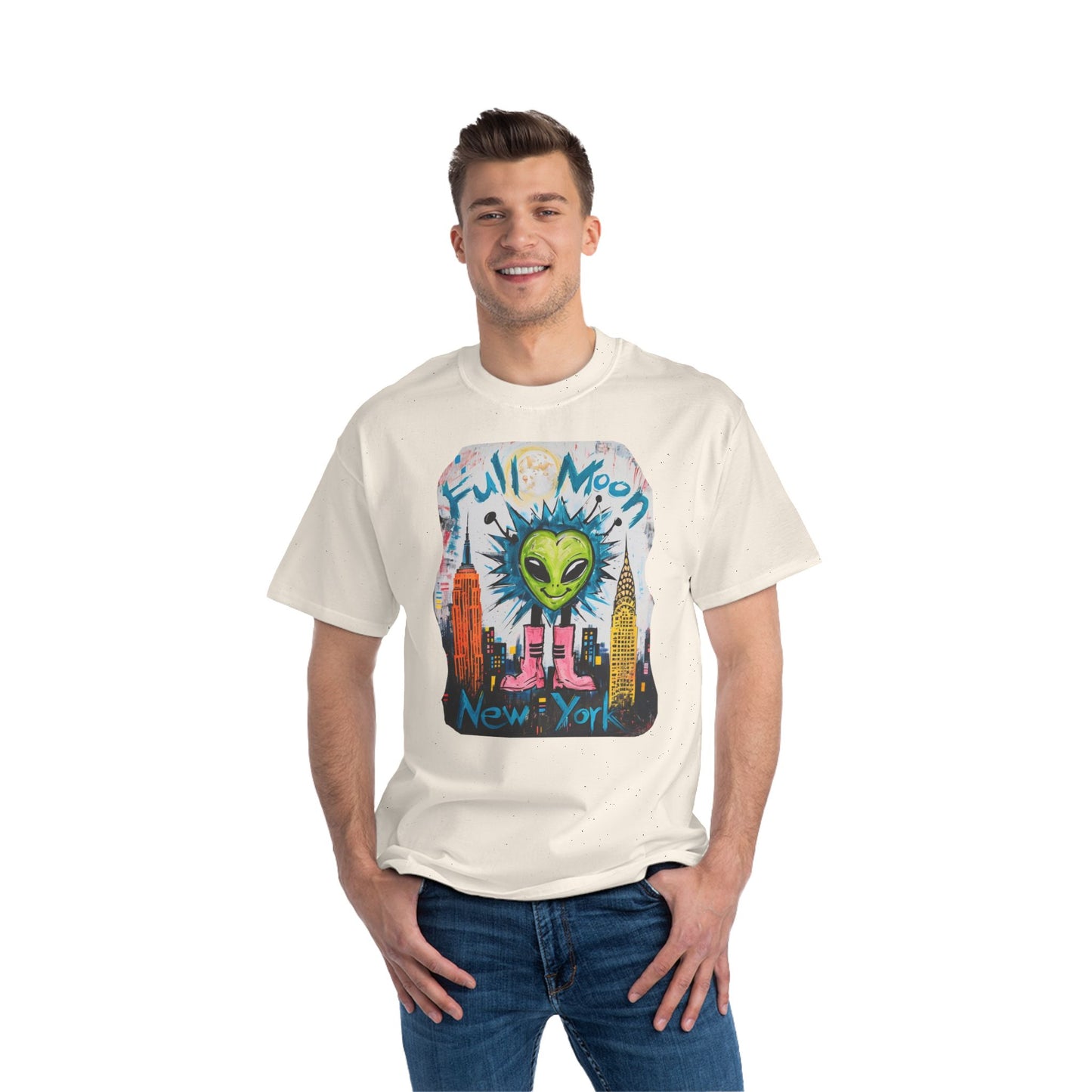 Full Moon Alien Short-Sleeve T-Shirt, Fun Graphic Tee, Retro NYC Vibe, Gift for Space Lovers, Festival Wear, Summer Apparel