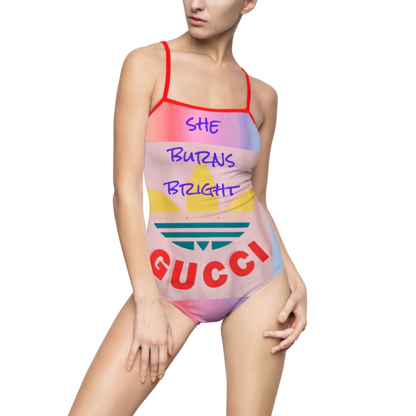 She burns bright, rainbow patterned swimsuit by Carey Aster