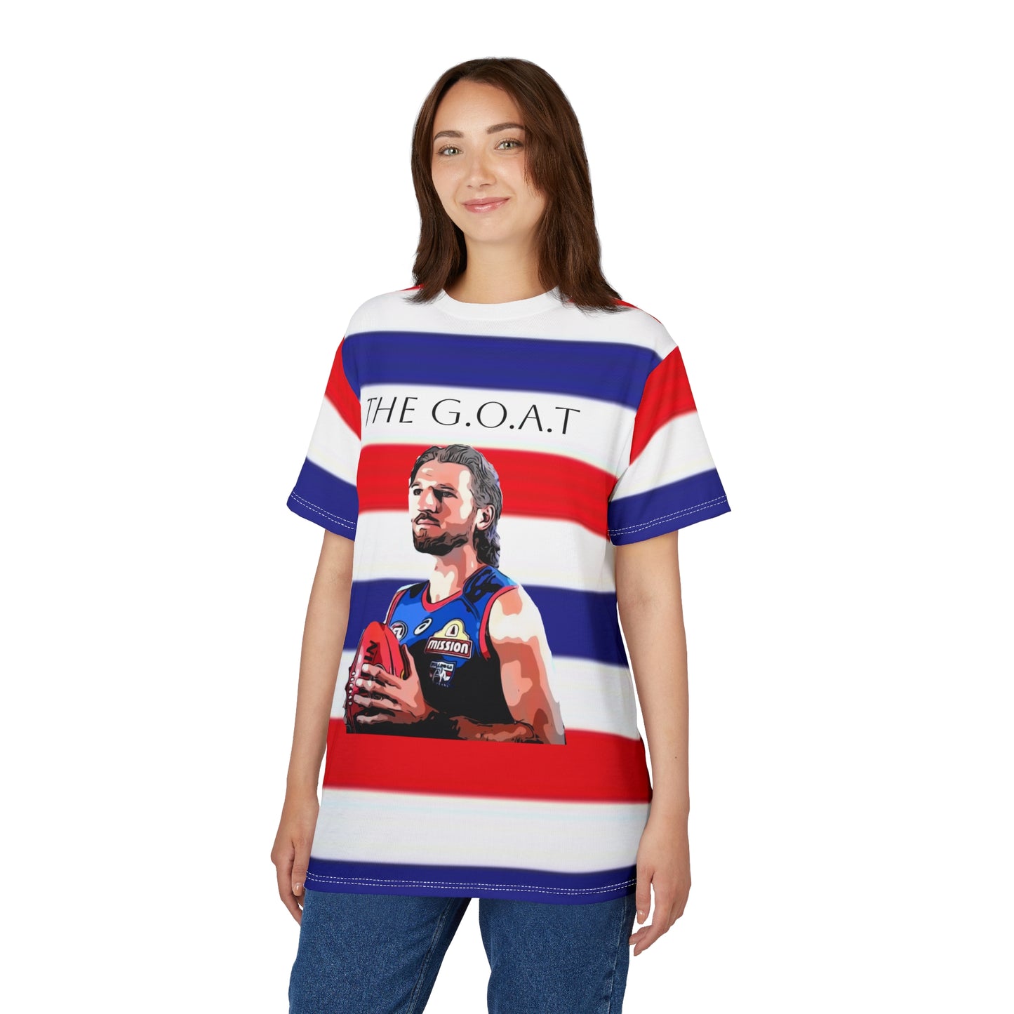 Marcus Bontimpelli the G.O.A.T blue, red and white stripe unisex tee, Western Bulldogs