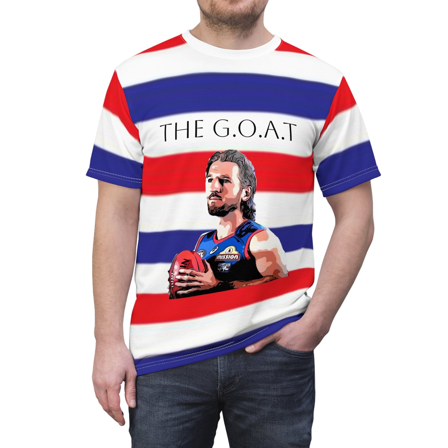 Marcus Bontimpelli the G.O.A.T blue, red and white stripe unisex tee, Western Bulldogs