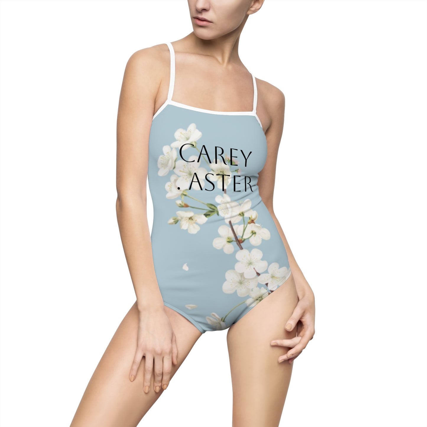 She burns bright, Carey aster pastel blue floral swimsuit