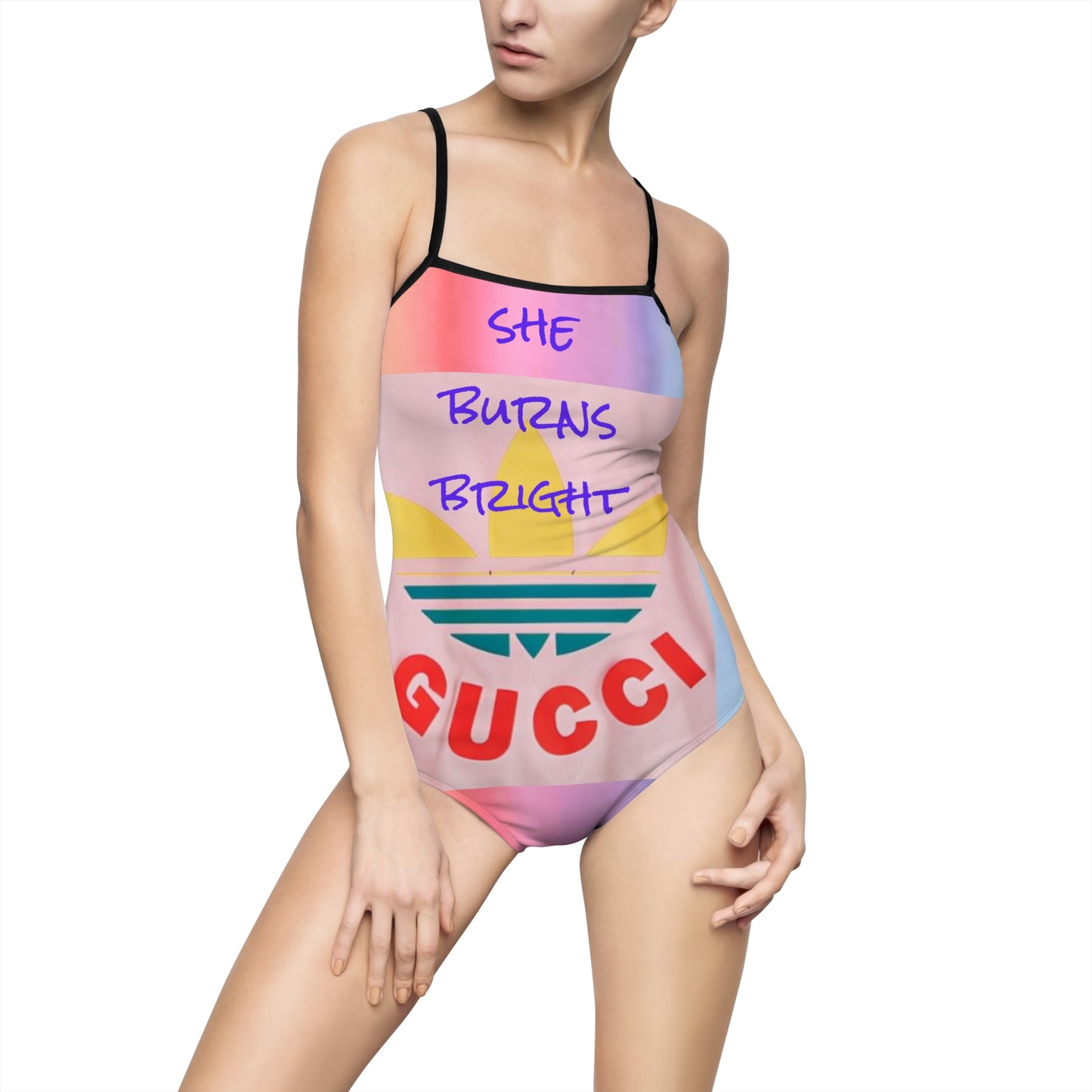 She burns bright, rainbow patterned swimsuit by Carey Aster