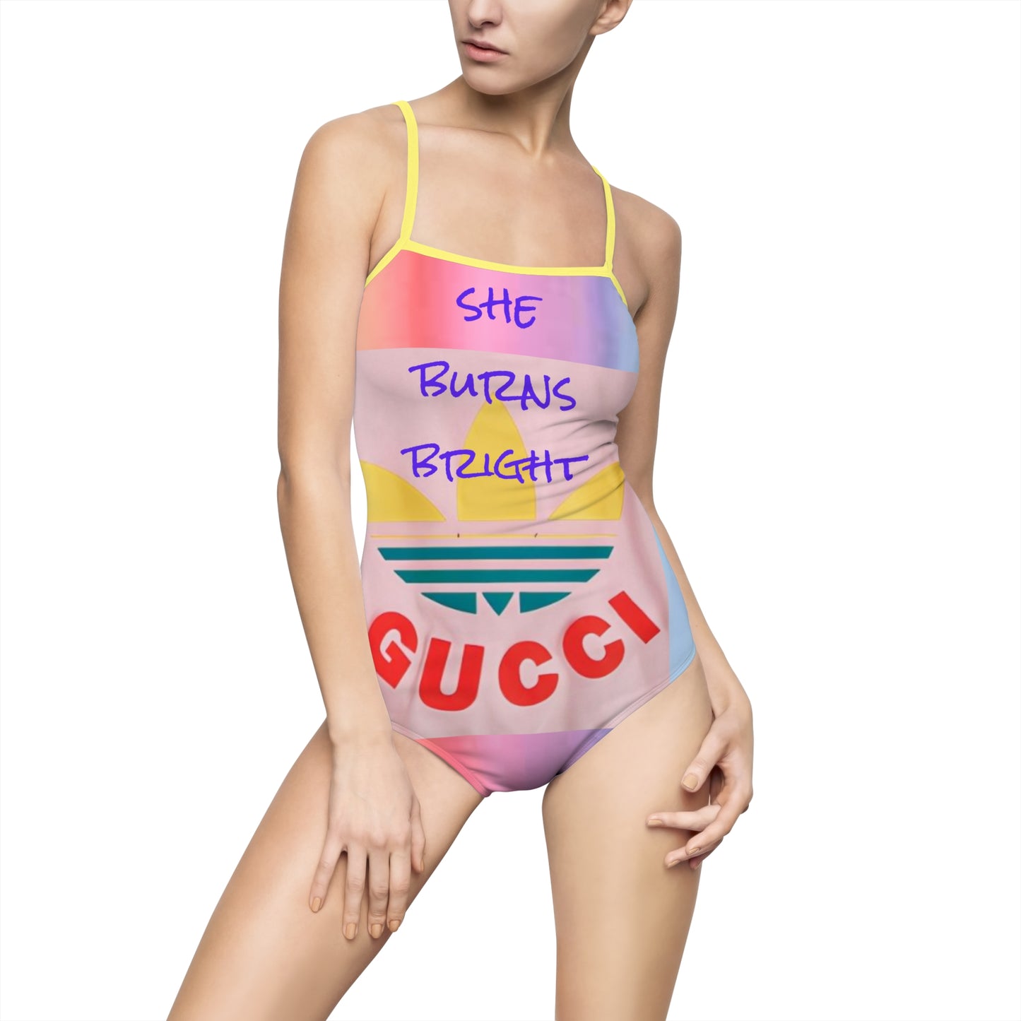 She burns bright, rainbow patterned swimsuit by Carey Aster