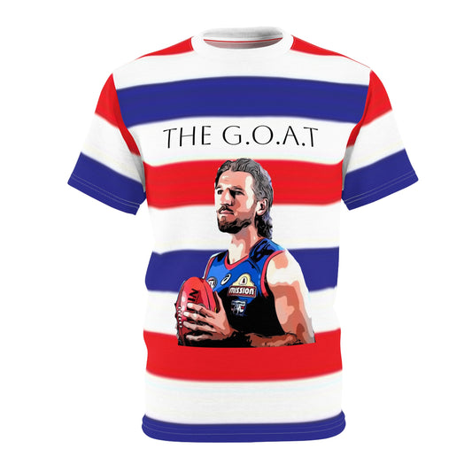 Marcus Bontimpelli the G.O.A.T blue, red and white stripe unisex tee, Western Bulldogs
