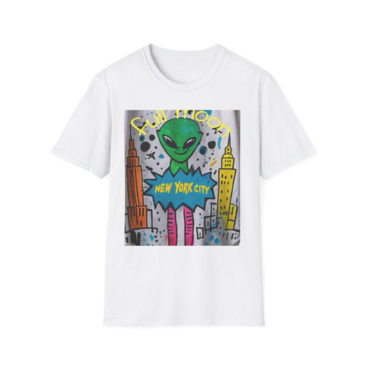 Cosmic Alien Graphic Tee, Fun Moon NYC Shirt, Quirky Art Tee for Parties, Gift for Aliens Lovers, Retro Graphic T-Shirt