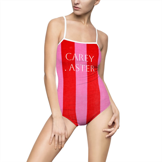 Carey Aster Pink and Red Striped One-piece Swimsuit - Women's Swimwear, Summer Beachwear, Bathing Suit, Poolside Apparel, Stylish Swim